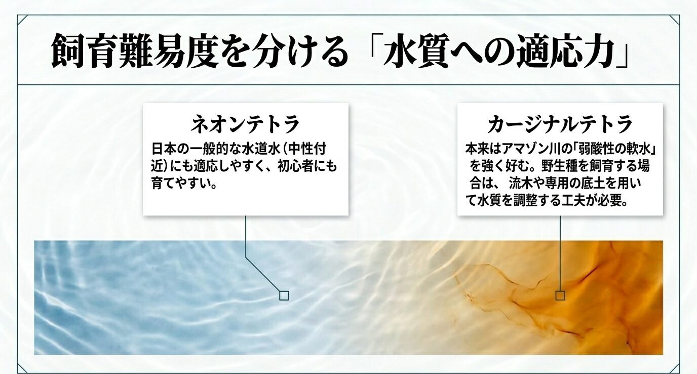 ネオンテトラは中性付近の水道水に適応しやすく、カージナルテトラは弱酸性の軟水を好むことを示したスライド