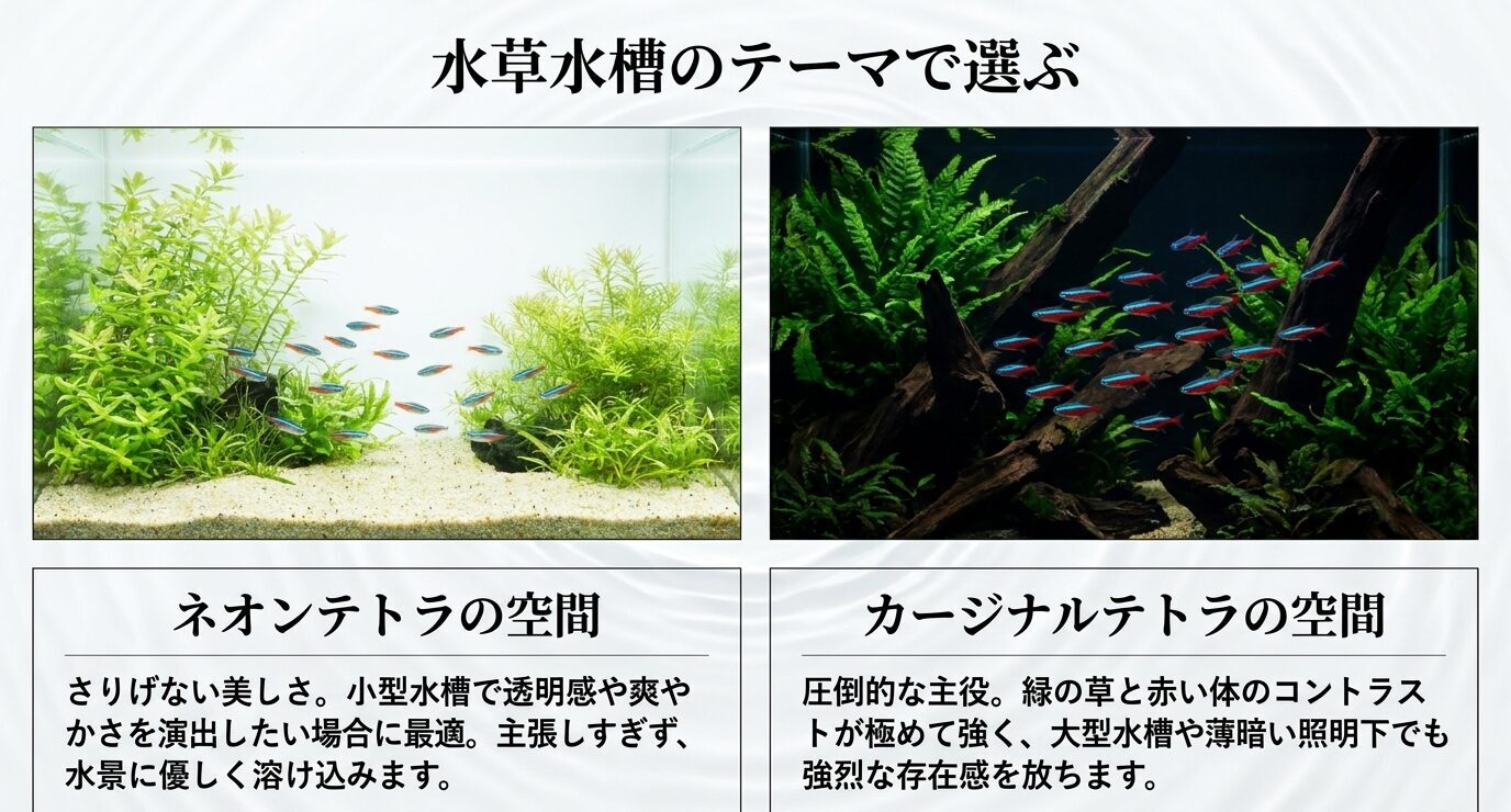 ネオンテトラは明るい小型水槽に溶け込みやすく、カージナルテトラは水草水槽で赤と青の存在感が強いことを比較したスライド