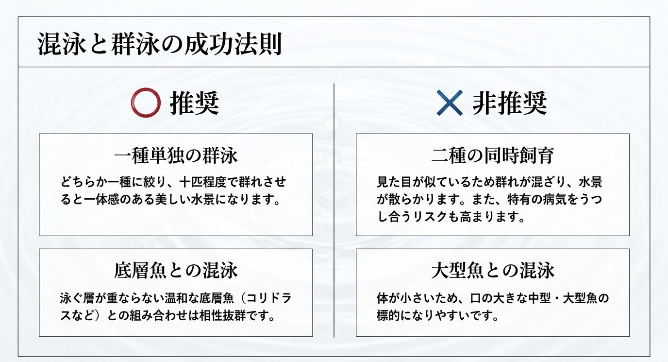 一種単独の群泳や底層魚との混泳は推奨、二種同時飼育や大型魚との混泳は非推奨であることを示したスライド