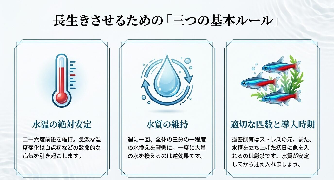 テトラを長生きさせるために、水温の安定、水質の維持、適切な匹数と導入時期が重要であることを示したスライド
