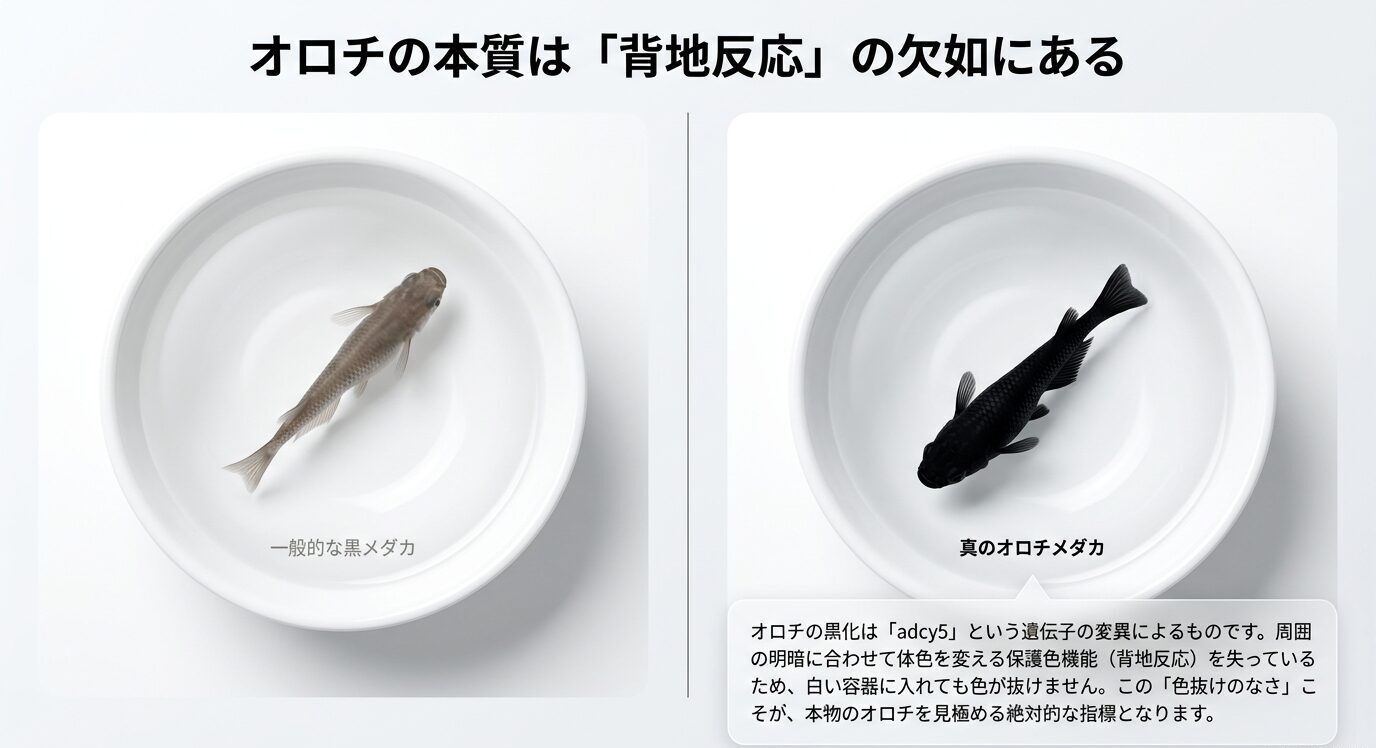 白容器内で一般的な黒メダカは薄く見え、真のオロチメダカは黒さを保つ比較図