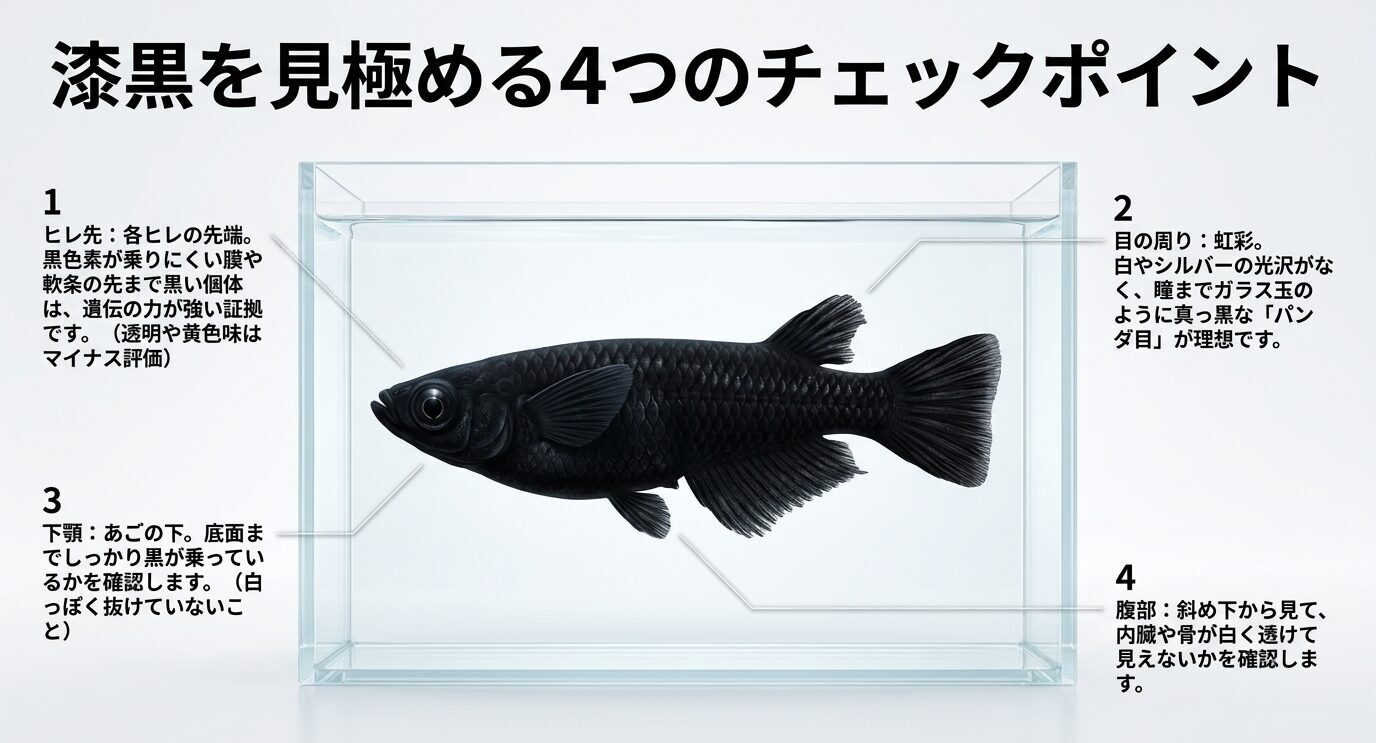 オロチメダカのヒレ先、目周り、下顎、腹部の黒さを確認する4つのチェックポイント