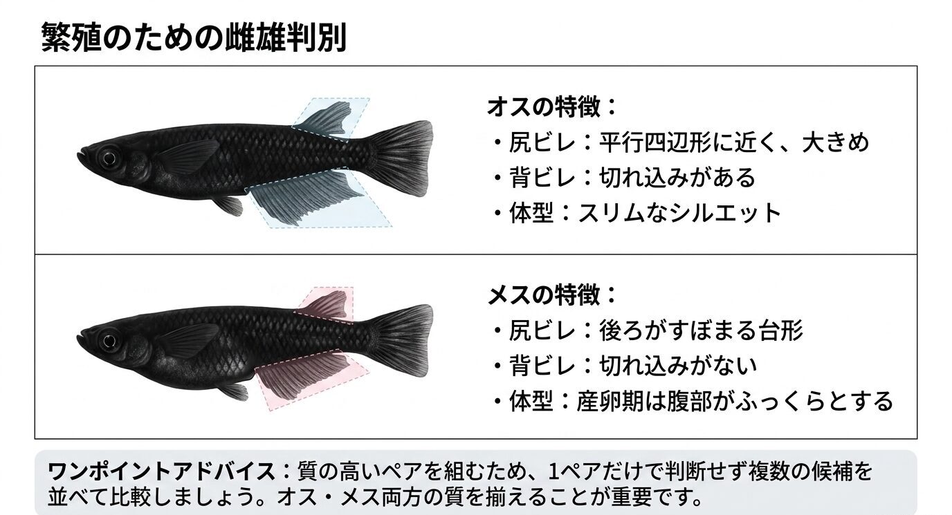 オロチメダカのオスとメスの尻ビレ、背ビレ、体型の違いを比較した雌雄判別スライド