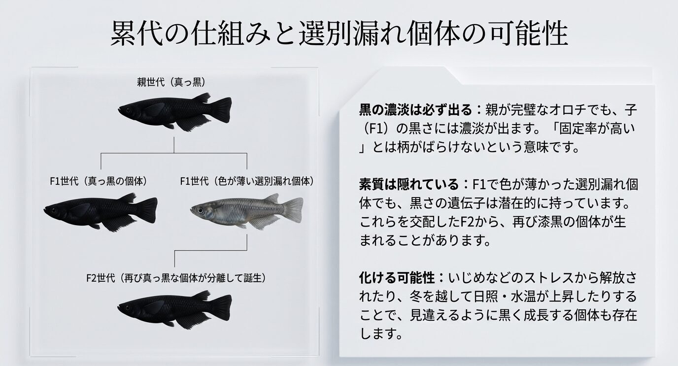 親世代、F1世代、F2世代を通じて黒さの濃淡や選別漏れ個体の可能性を示した図