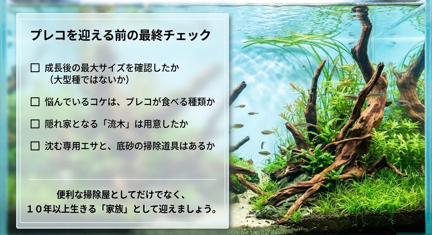 プレコ導入前に確認すべき成魚サイズ、食べるコケの種類、流木、沈下性の餌、底砂掃除用品をまとめたチェックリストスライド