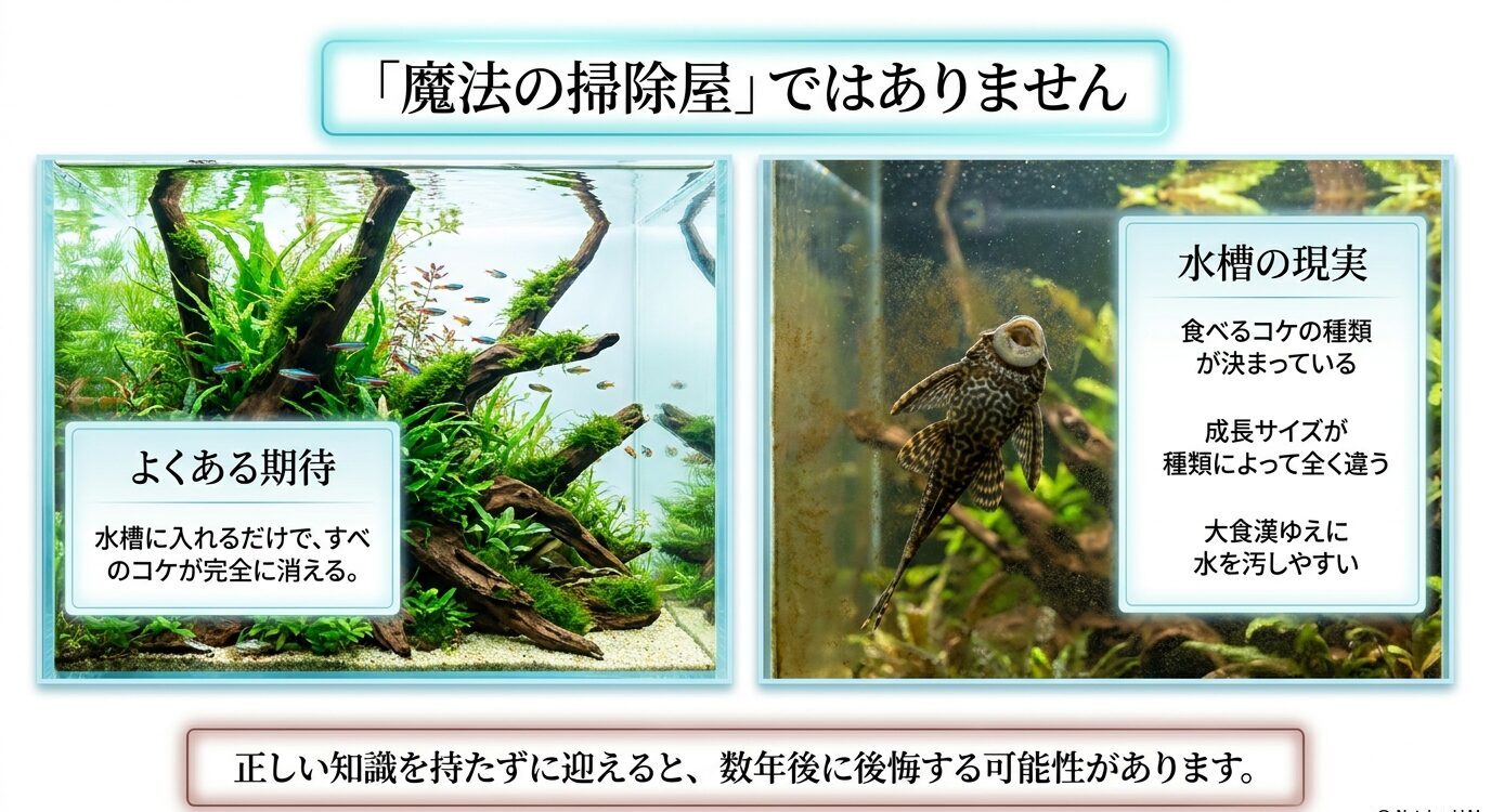 プレコへのよくある期待と、水槽内で実際に起こるコケの種類・成魚サイズ・フンの問題を比較したスライド