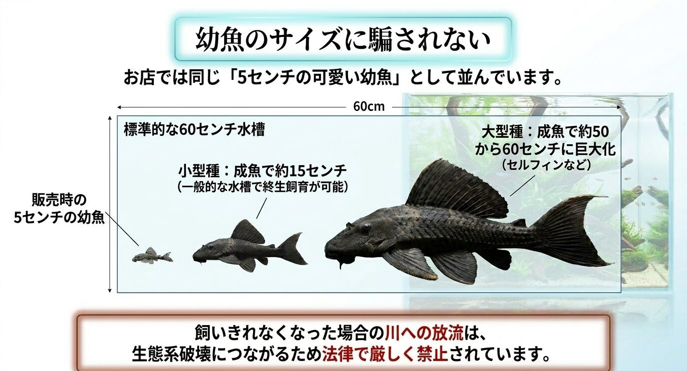 販売時は小さく見えるプレコでも、小型種は約15cm、大型種は50〜60cm以上に成長する可能性を示した比較スライド