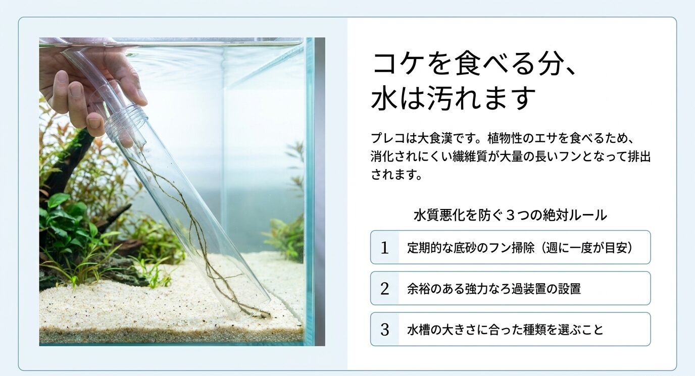 プレコのフン掃除の様子と、水質悪化を防ぐための底砂掃除・ろ過装置・水槽サイズ選びを示したスライド