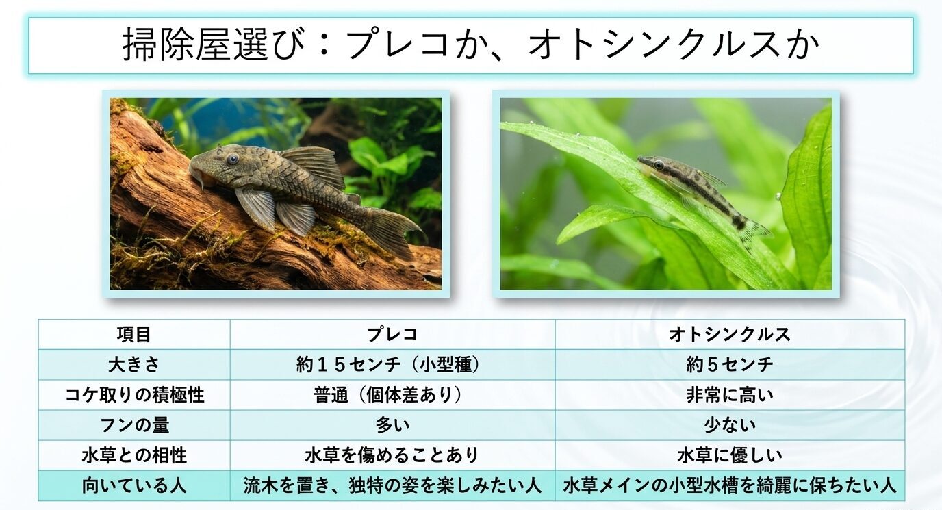 プレコとオトシンクルスを、大きさ・コケ取りの積極性・フンの量・水草との相性・向いている水槽で比較したスライド