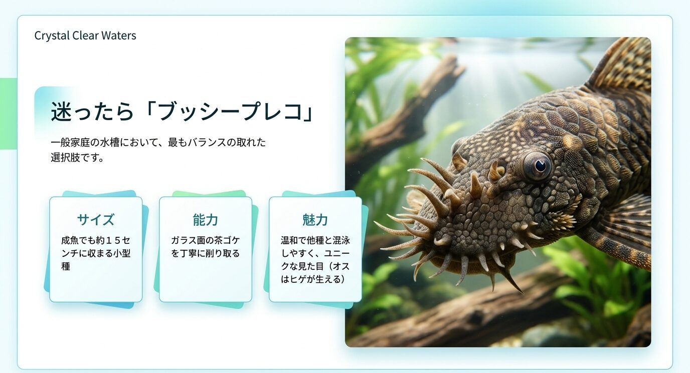 一般家庭の水槽でバランスの取れた選択肢として、ブッシープレコのサイズ・能力・見た目の魅力を紹介したスライド