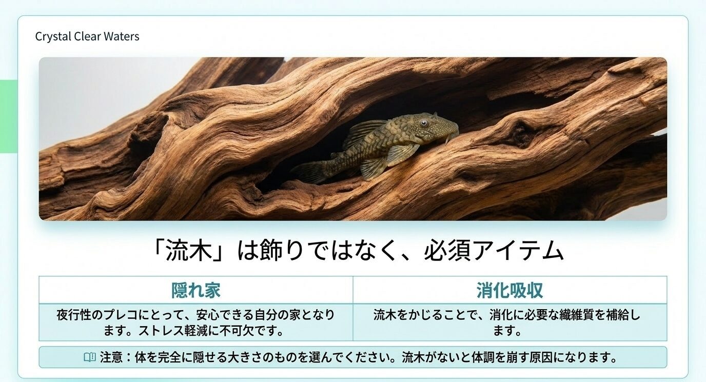 流木に隠れるプレコと、流木が隠れ家や消化吸収の助けになることを説明したスライド