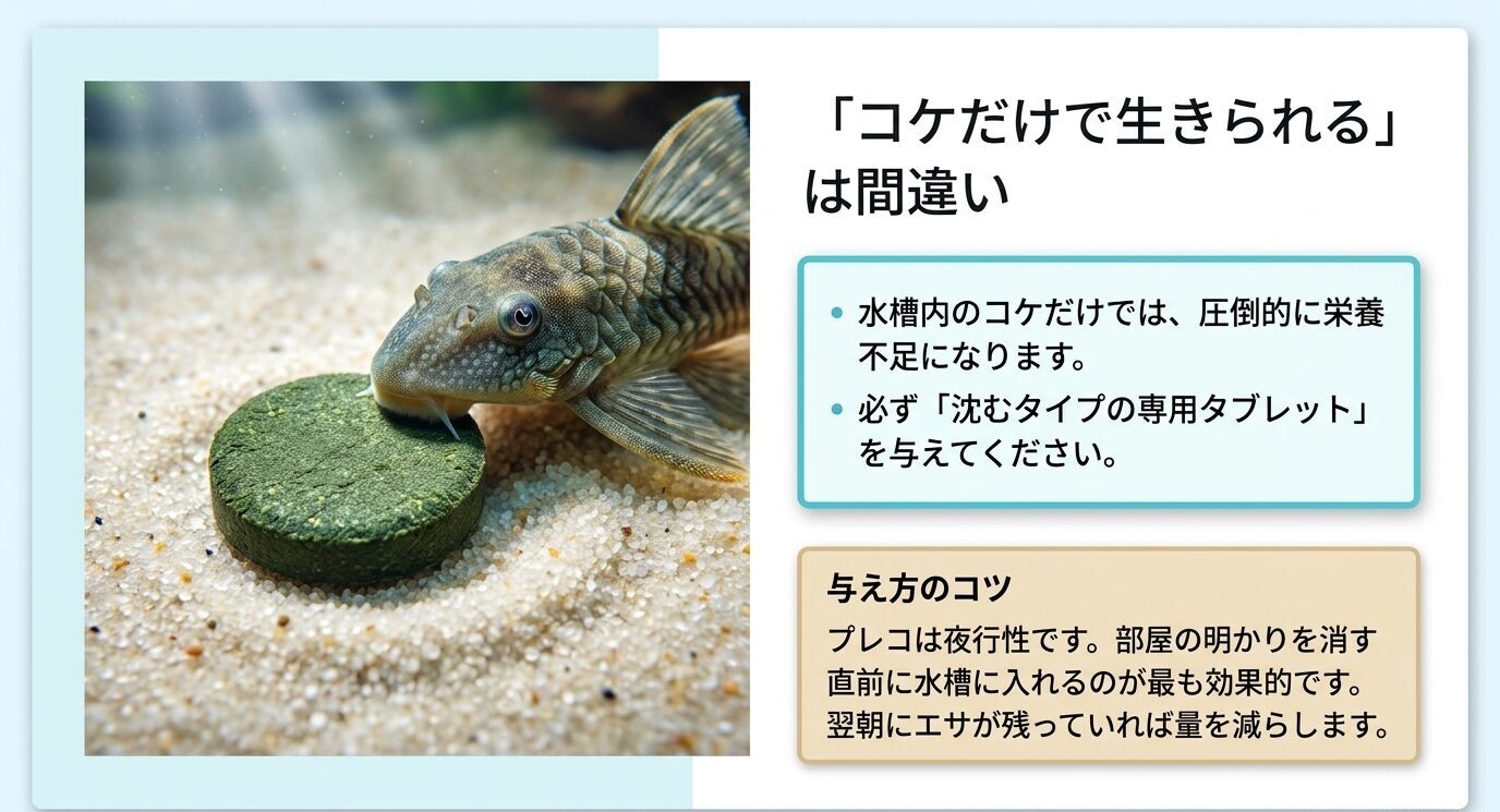 プレコが沈下性タブレットを食べる様子と、コケだけでは栄養不足になるため専用フードが必要なことを示したスライド