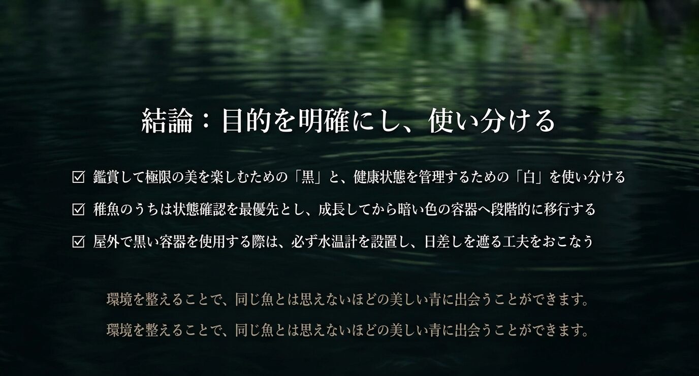 鑑賞用の黒、健康管理用の白、稚魚期から成魚期への容器切り替え、屋外での水温管理をまとめた結論スライド