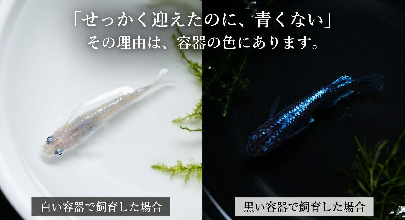 白い容器では淡く見え、黒い容器では青ラメが強く見えるサファイアメダカの比較
