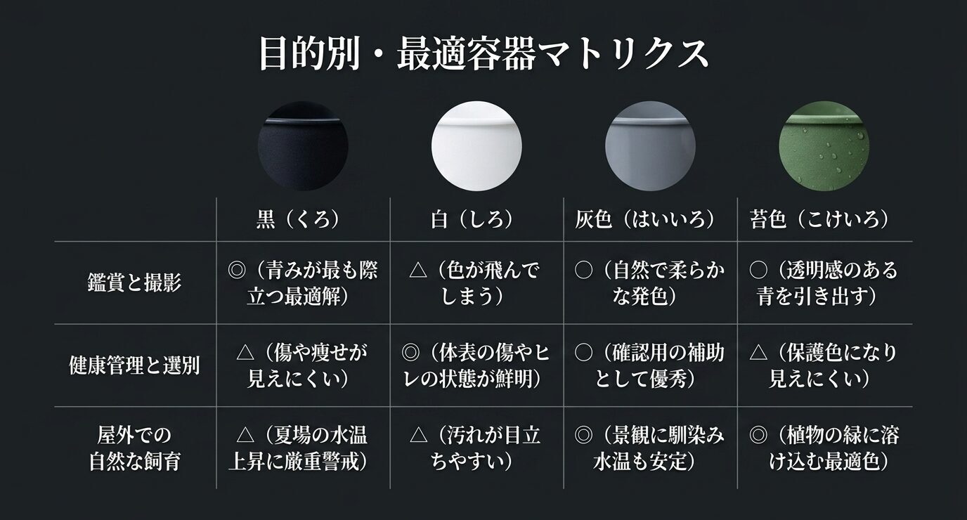 鑑賞、健康管理、屋外飼育の目的別に黒・白・灰色・苔色の容器を比較した表
