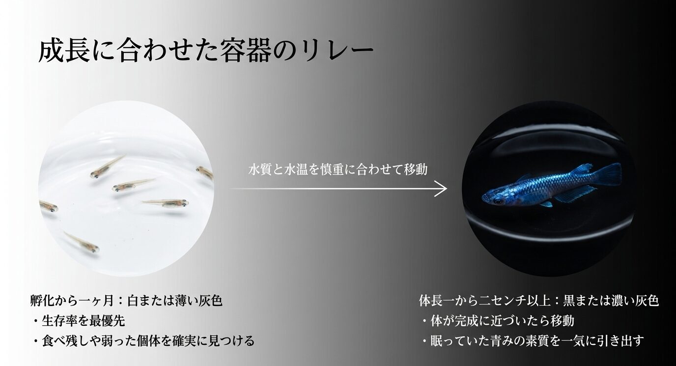 孵化後は白または薄い灰色の容器で管理し、体長が伸びてから黒や濃い灰色の容器へ移す流れ
