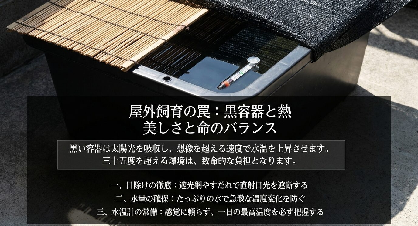 屋外の黒容器にすだれや遮光ネットを使い、水温計で水温管理を行う対策