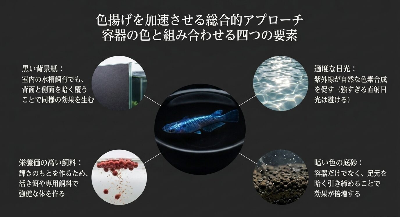 サファイアメダカの色揚げに関わる黒い背景、適度な日光、栄養価の高い飼料、暗い底砂を示した図