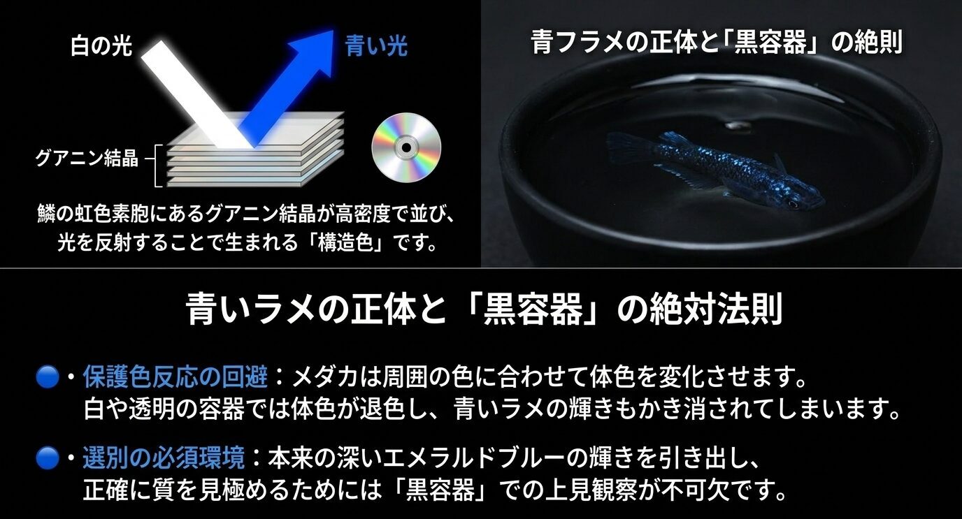 グアニン結晶による青い構造色と、黒容器で青ラメを観察する重要性を説明した図