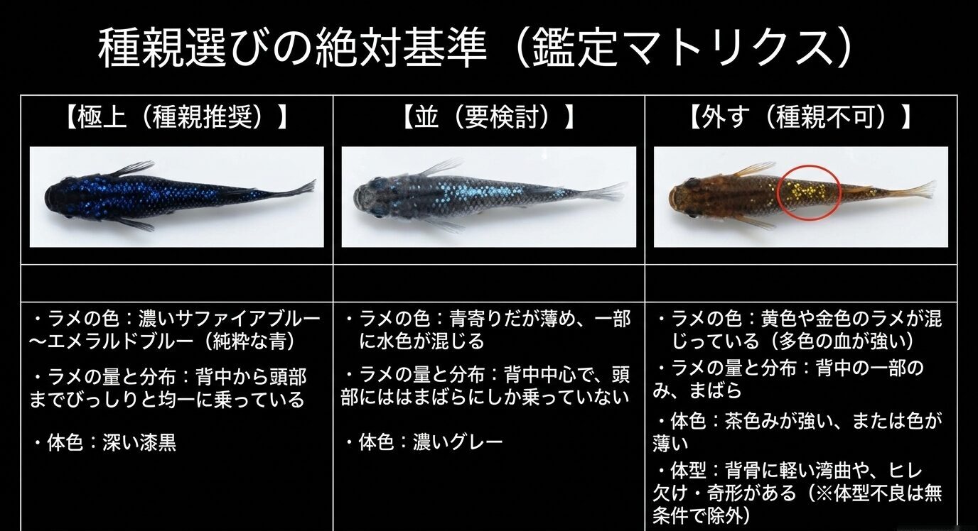 サファイアメダカの種親候補を極上・並・外すの3段階で比較した選別基準表
