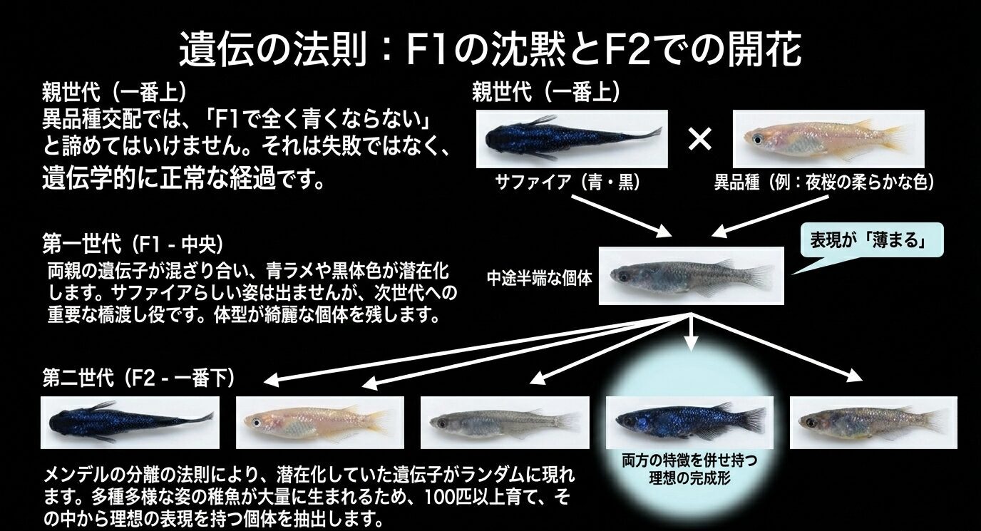 サファイアと異品種の交配でF1では表現が薄まり、F2で多様な表現が現れる流れを示した図