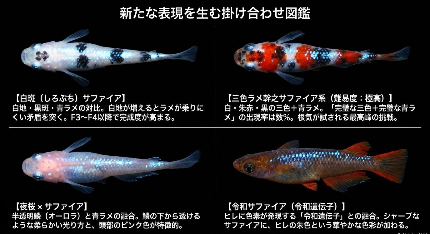 白斑サファイア、三色ラメ幹之サファイア系、夜桜サファイア、令和サファイアの特徴を比較した図