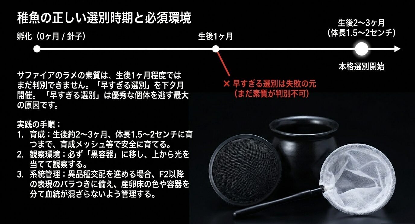 稚魚選別を生後2〜3か月から始める流れと、黒容器・ネットなど必要環境を示した図