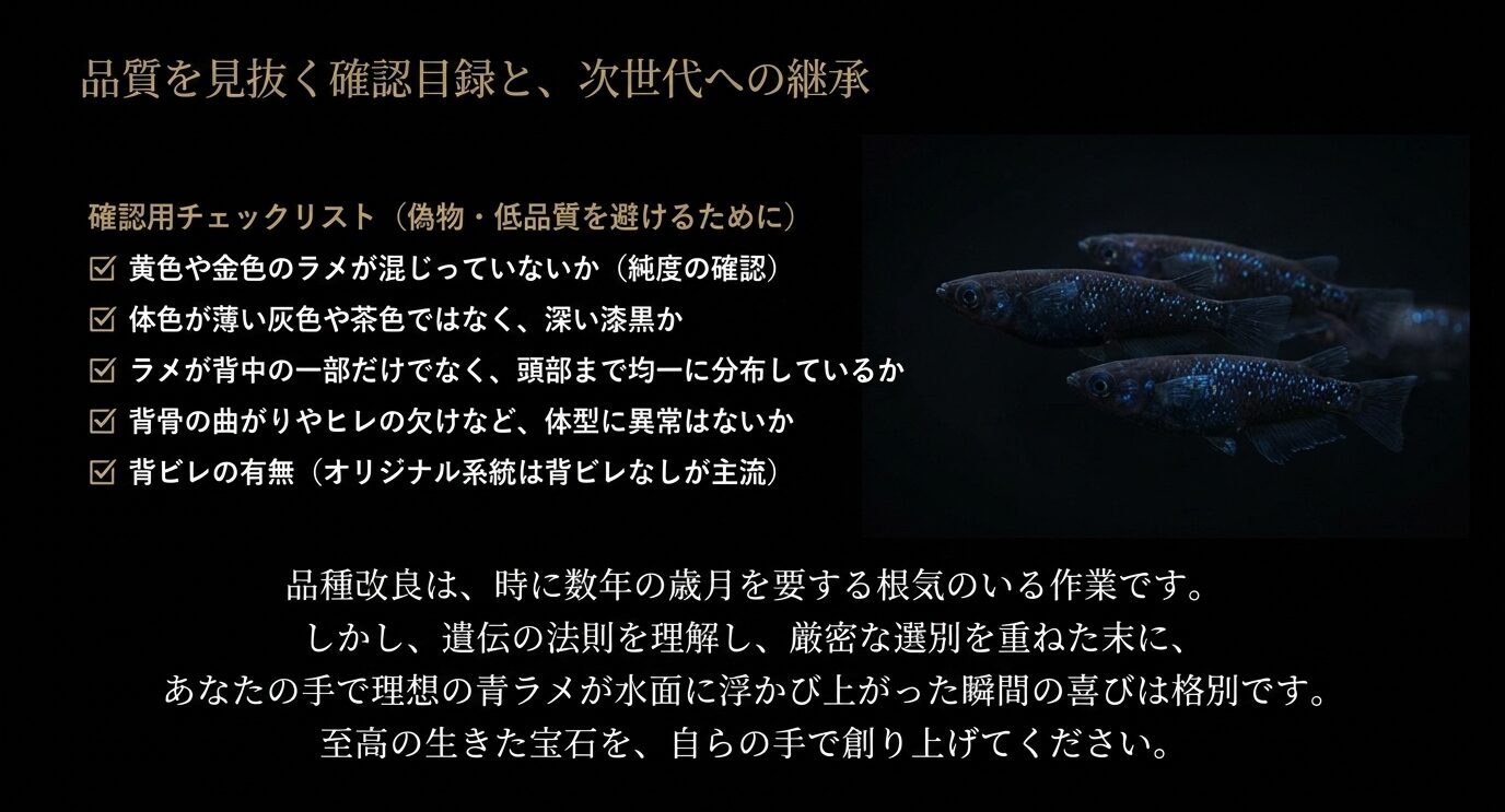 偽物や低品質を避けるためのチェック項目と、次世代へ青ラメを継承する考え方をまとめた図