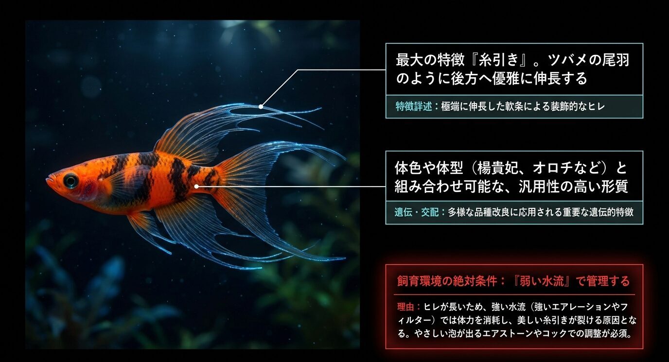 スワローメダカの糸引きの特徴と、弱い水流で管理する必要性を説明した図