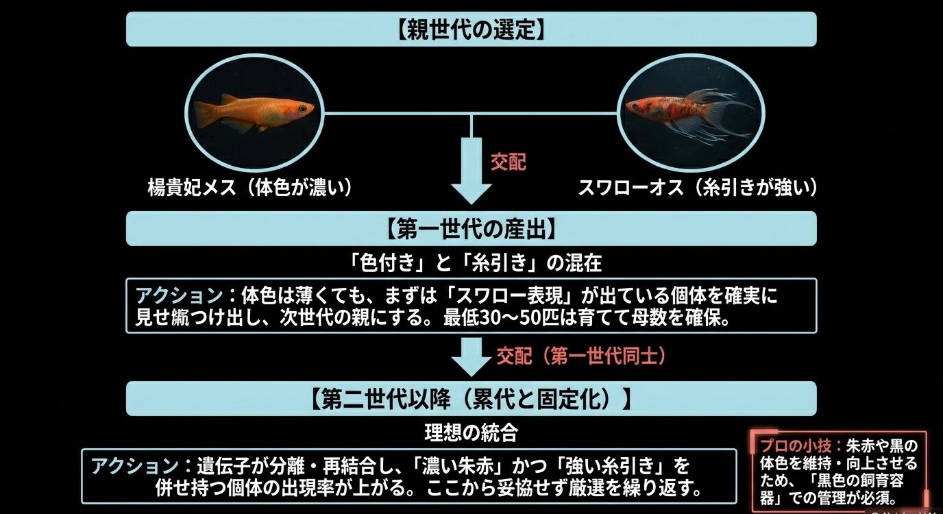 楊貴妃メスとスワローオスを交配し、F1からF2以降で累代固定化する流れを示した図