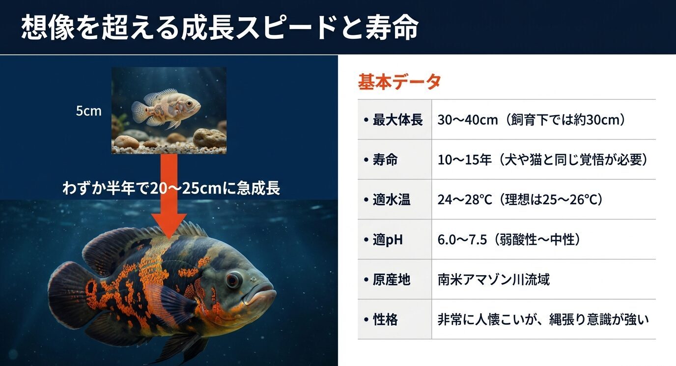 オスカーが幼魚から半年で大きく成長することと、体長・寿命・適水温などの基本情報を示したスライド