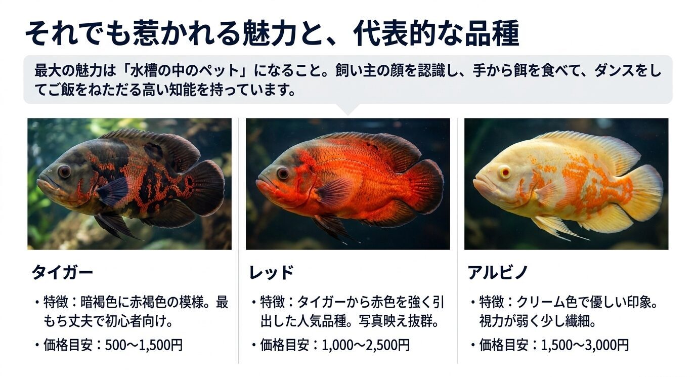 タイガーオスカー、レッドオスカー、アルビノオスカーの特徴と価格目安を比較したスライド