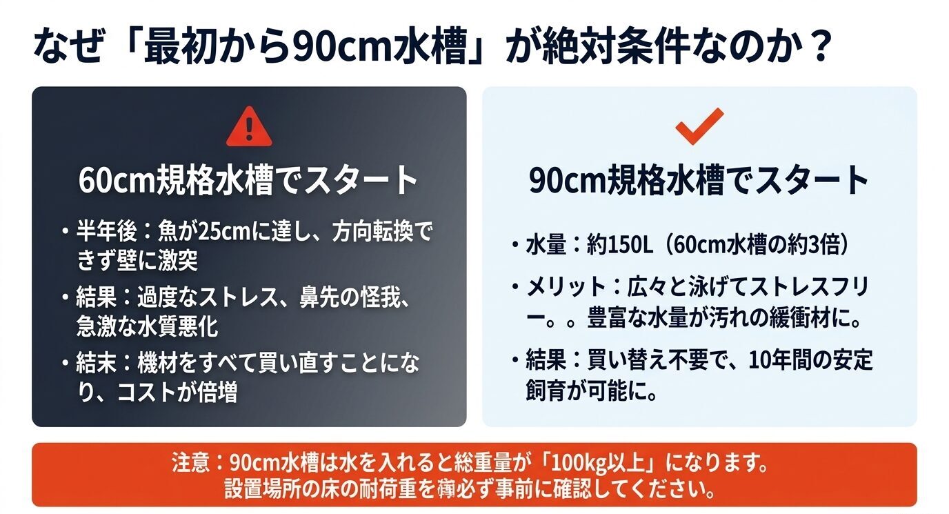 60cm水槽と90cm水槽を比較し、オスカー飼育では最初から90cm水槽が推奨される理由を示したスライド