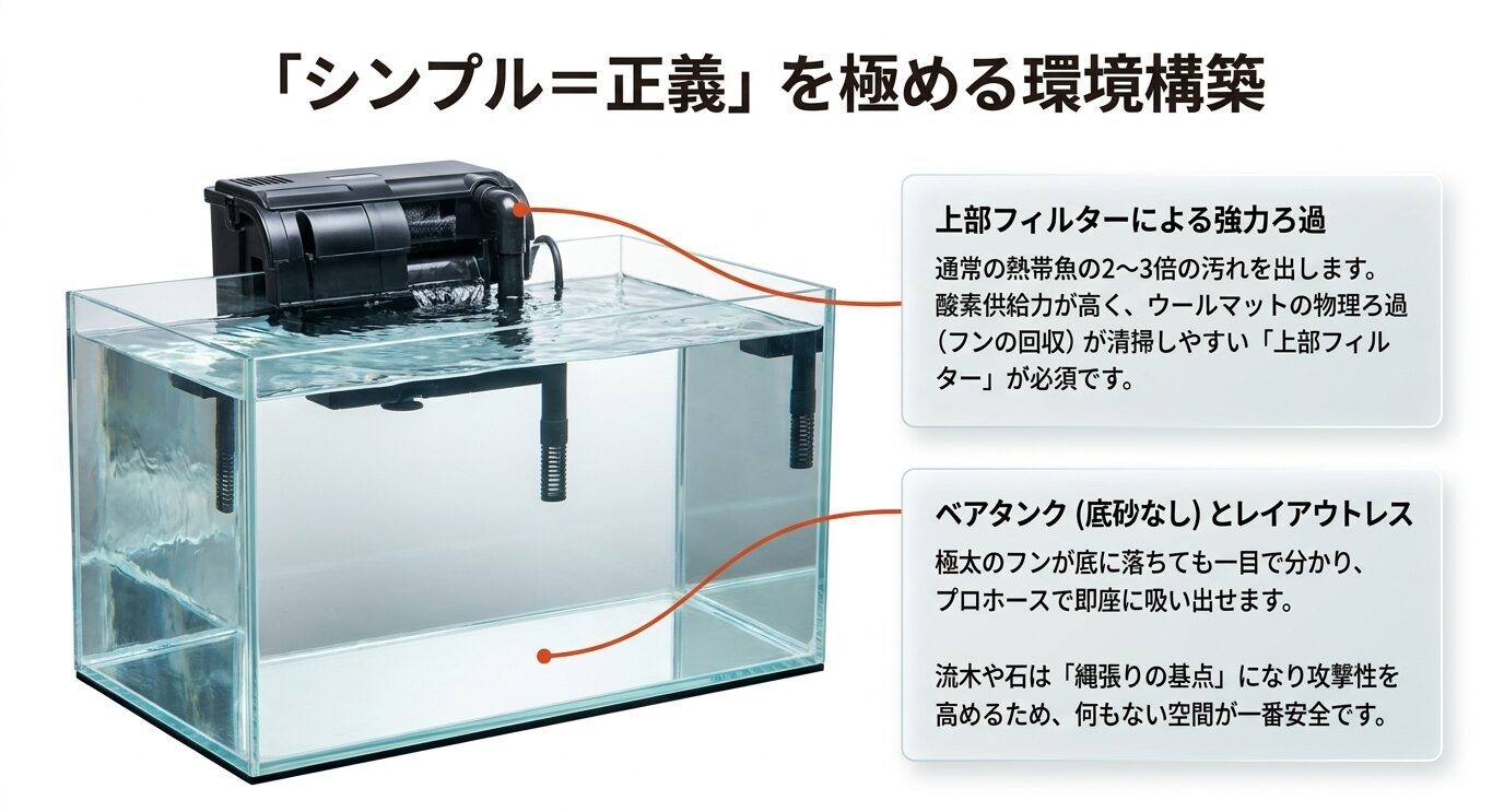 上部フィルターとベアタンクを使ったオスカー向けのシンプルな水槽環境を示したスライド