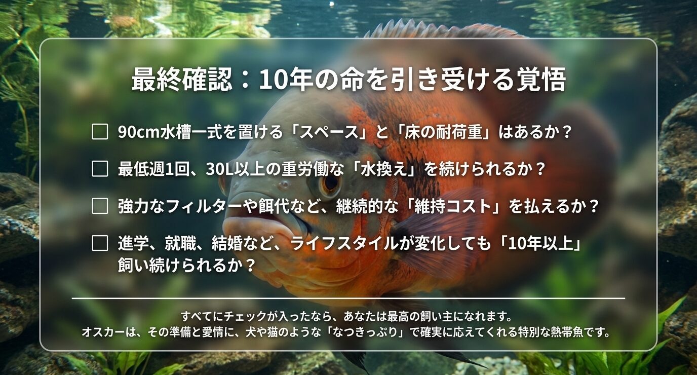 オスカーを10年以上飼育する前に確認したい水槽スペース、床の耐荷重、水換え、維持コスト、ライフスタイルのチェック項目を示したスライド