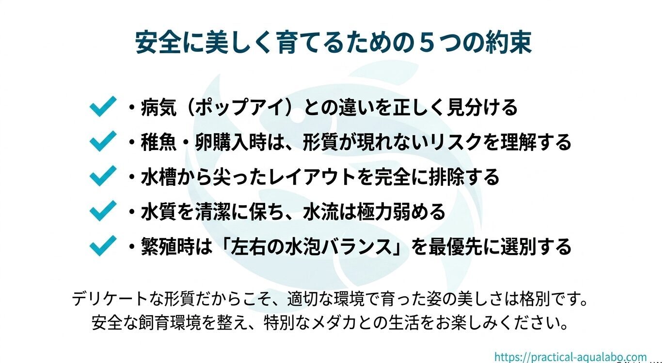 水泡眼メダカを安全に育てるために、ポップアイとの違いを見分ける、稚魚や卵購入時のリスクを理解する、尖ったレイアウトを排除する、水質と水流を管理する、繁殖時は左右の水泡バランスを重視するという5つの約束を示したまとめ画像。