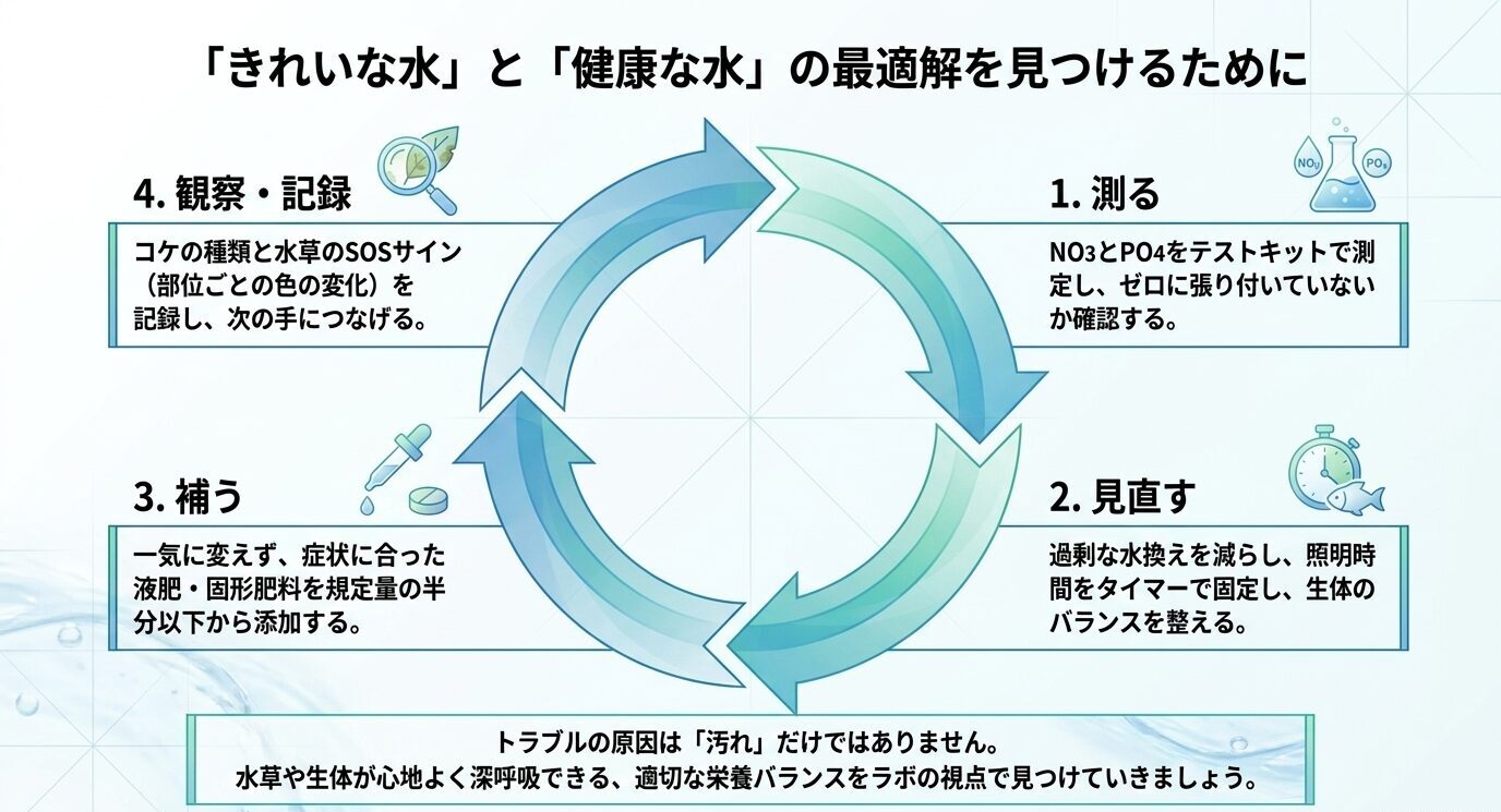 水槽の貧栄養対策として、硝酸塩とリン酸塩を測り、換水や照明を見直し、必要な肥料を補い、コケや水草の変化を観察記録する流れを示した循環図
