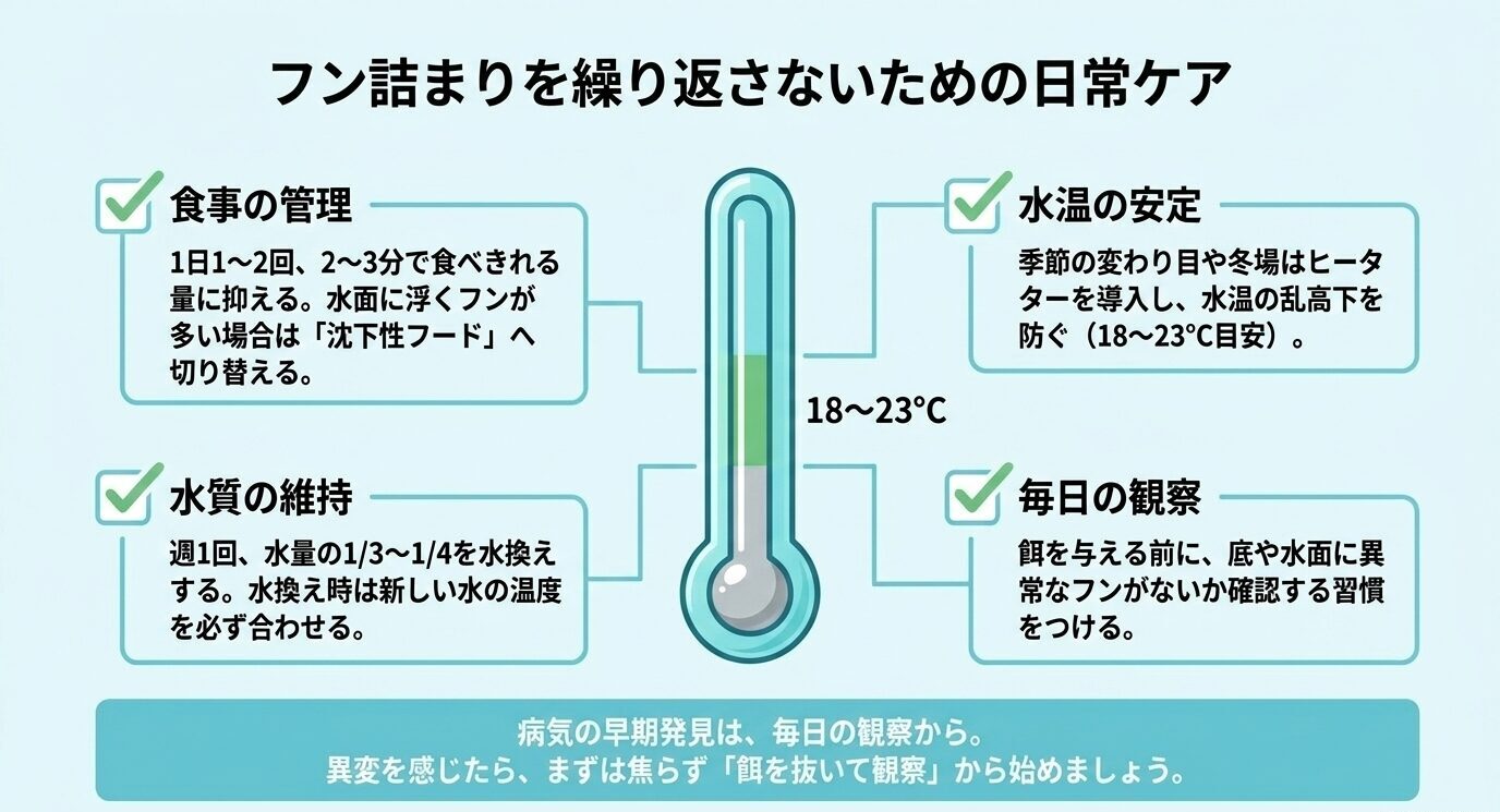 金魚のフン詰まり予防として、食事管理、水質維持、水温の安定、毎日の観察をまとめたチェックリスト図