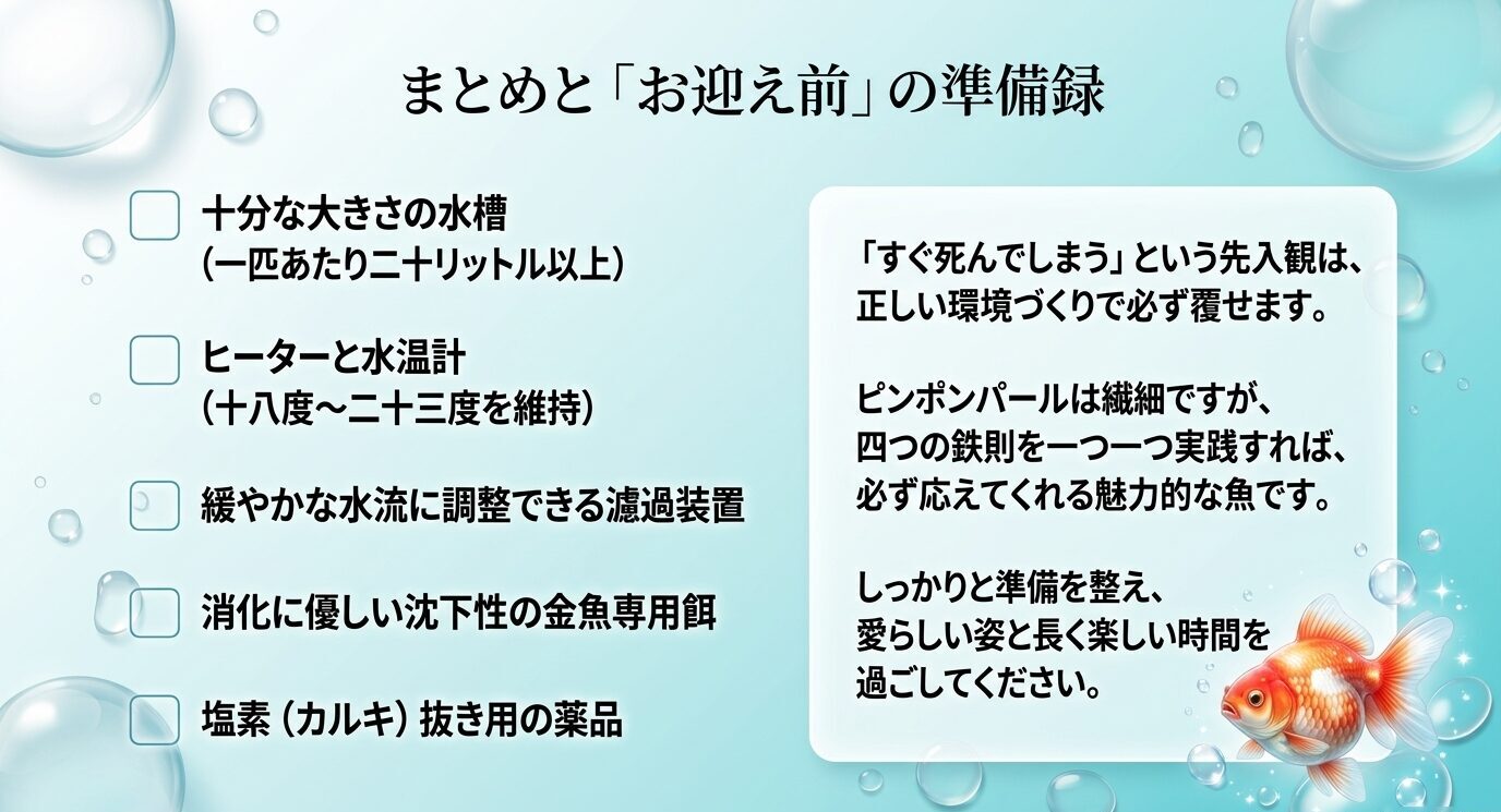 ピンポンパールを迎える前に用意したい水槽、ヒーター、水温計、濾過装置、沈下性の餌、塩素抜き薬品をまとめたチェックリストのスライド