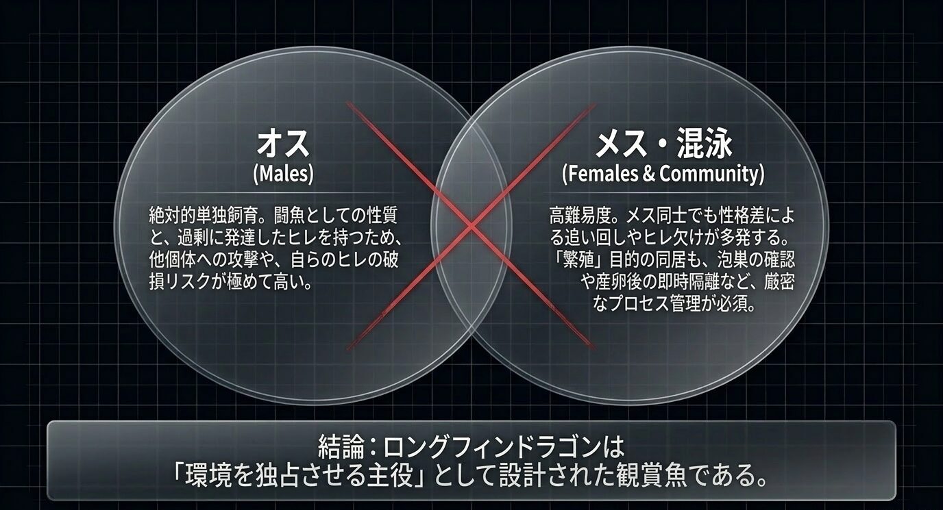 ベタのオスは単独飼育が基本で、メスや混泳にも相性確認や環境づくりが必要であることを示