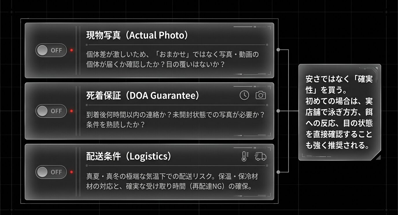 ベタを通販で購入する際に確認したい現物写真、死着保証、配送条件をチェック項目として示した図