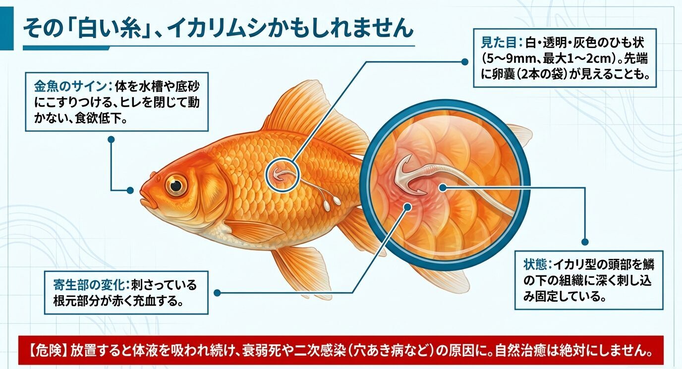 金魚の体表に刺さったイカリムシの見た目、根元の充血、体をこすりつけるなどの症状を示した図