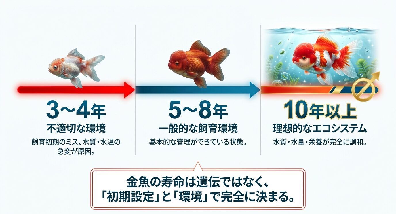 丹頂金魚の寿命が不適切な環境では3〜4年、一般的な環境では5〜8年、理想的な環境では10年以上になることを示した図