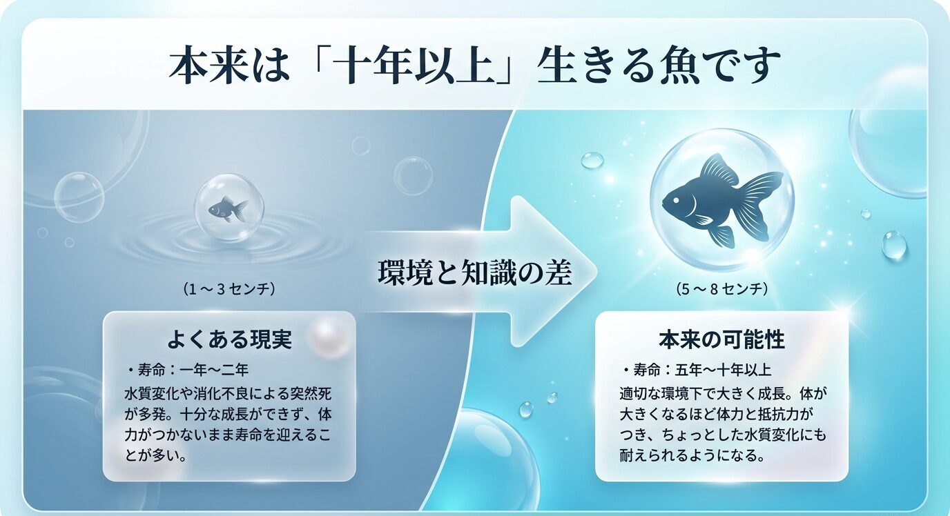 ピンポンパールは環境と知識次第で短命にも長寿にもなり得ることを比較したスライド