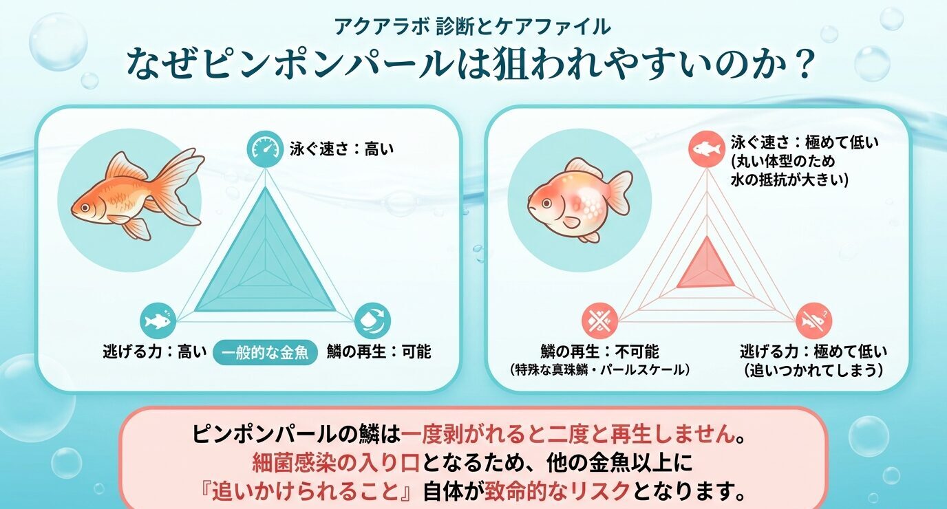 一般的な金魚とピンポンパールの泳ぐ速さ、逃げる力、鱗の再生性の違いを比較した図