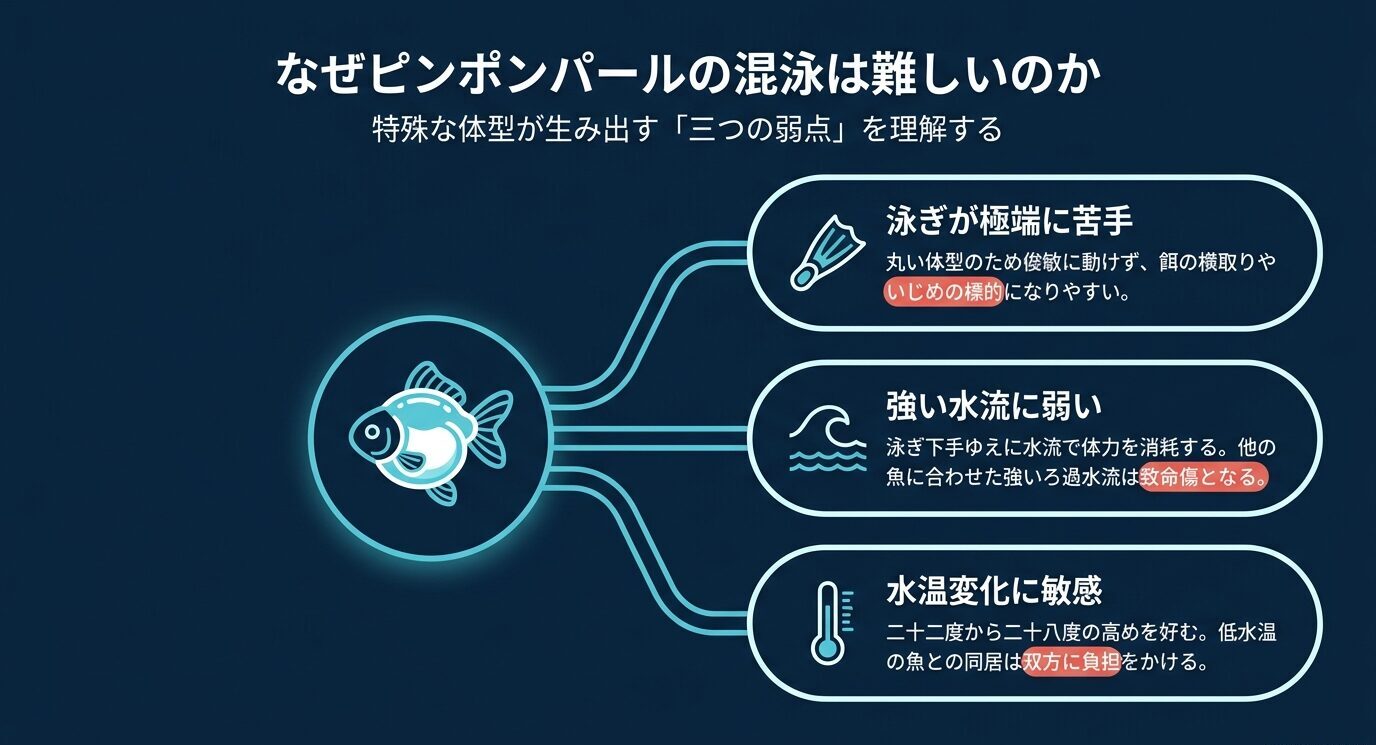 ピンポンパールの混泳が難しい理由として泳ぎの苦手さ、水流への弱さ、水温変化への敏感さを示した図