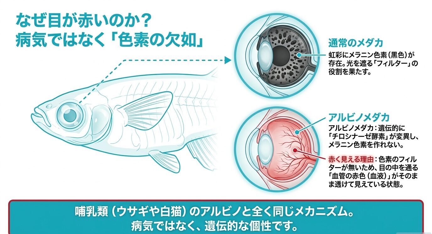 通常のメダカとアルビノメダカの目を比較し、色素欠如によって赤く見える仕組みを示した図