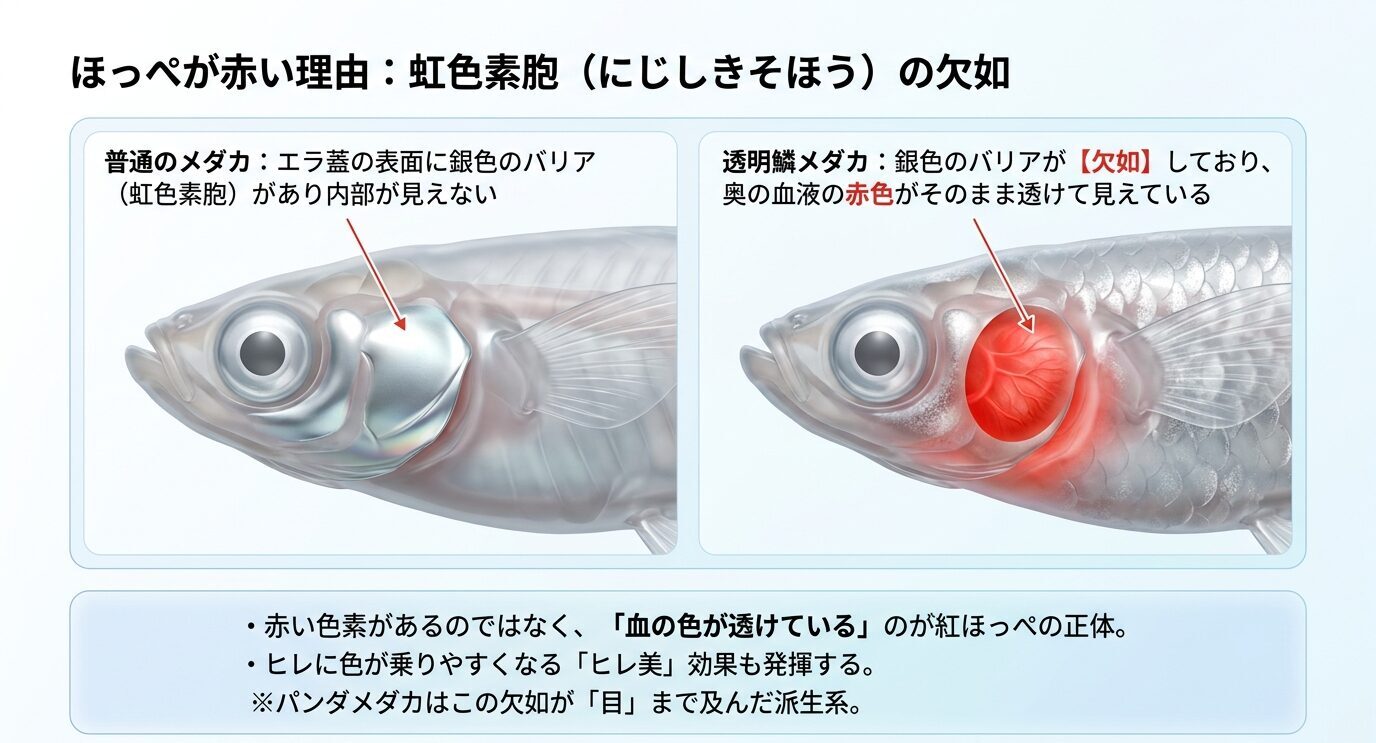 普通のメダカと透明鱗メダカのエラ蓋を比較し、虹色素胞の欠如で赤エラが見える仕組みを説明した図