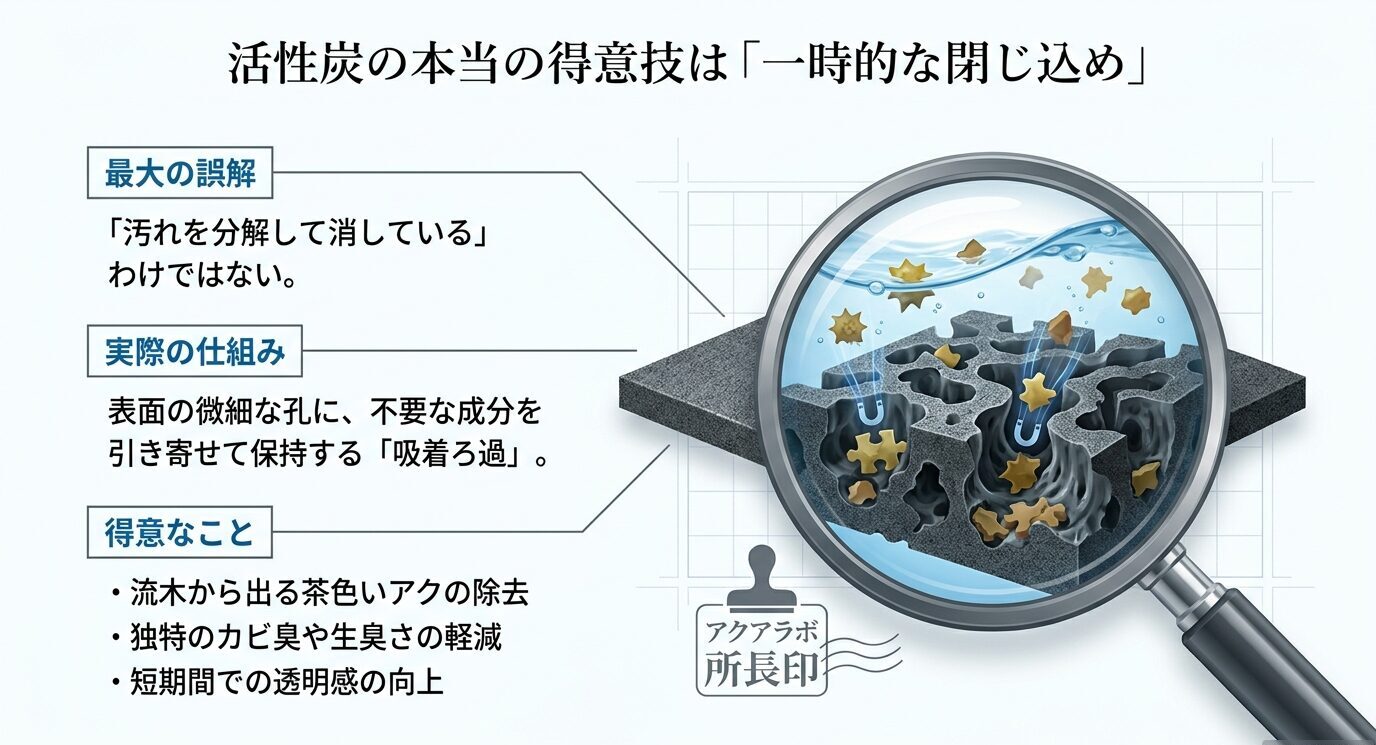 活性炭が汚れを分解するのではなく、表面の微細な孔に臭いや色素などを吸着して保持する仕組みを示した図