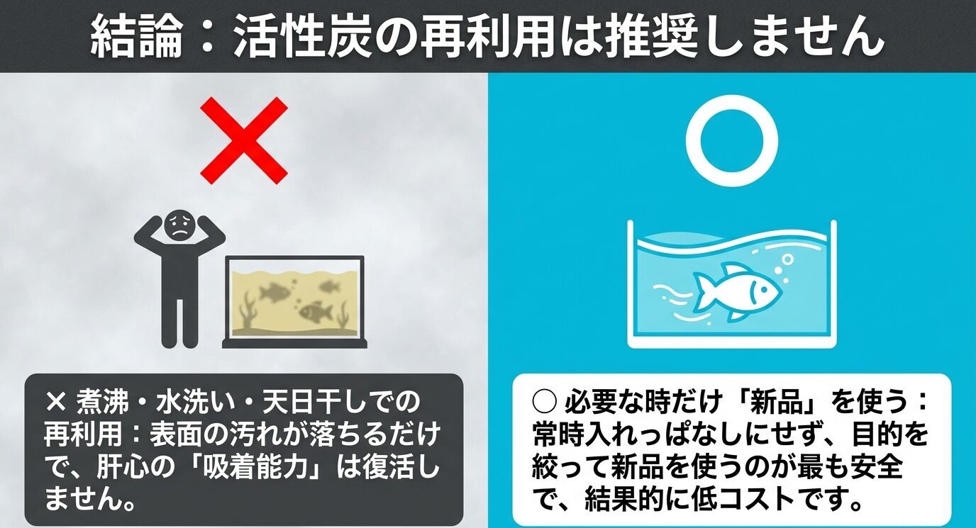 煮沸や水洗い、天日干しでの再利用では吸着力が戻らず、必要な時だけ新品の活性炭を使うのが安全だと示す比較図
